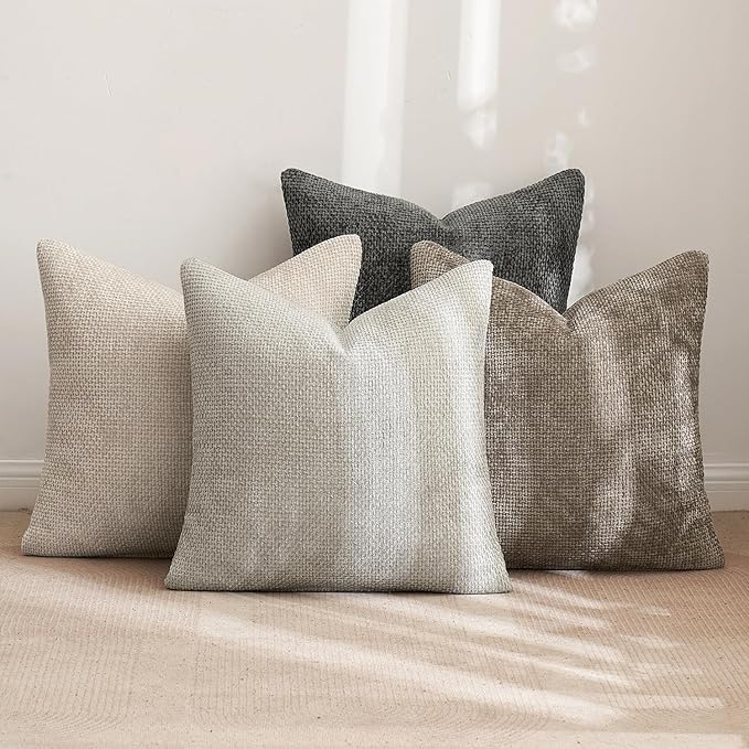 MIULEE Pack of 4 Couch Throw Pillow Covers 24x24 Inch Neutral Soft Decorative Chenille Pillow Covers Farmhouse Boho Accent Cushion Covers for Mid Century Modern Home Decor Sofa Bedroom Living Room