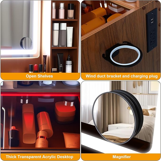 Vanity Desk，Transparent Desktop, Multiple Color Ambient Lights, with Mirror and Tri Color Light Strip, Dressing Table with Charging Station, Equipped with 2 Drawers, Peach Colored