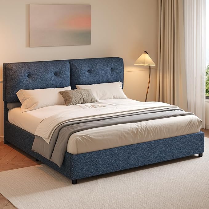 King Bed Frames,Breathable Boucle Fabric Upholstered Bed Frame with Headboard,Removable and Washable,Wood Slat Support,No Box Spring Needed,Easy Assembly,Navy Blue