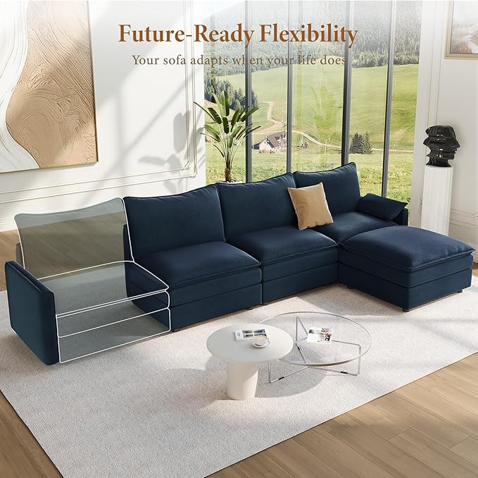 Vesgantti 108" Modular Sectional Sofa, Comfy Cloud Couch with Movable Ottoman Deep Seat Chenille L Shaped Modular Sofa, Sectional Couches for Living Room, Bedroom and Apartment, Blue