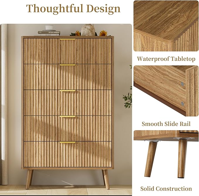 LYNSOM Fluted 5 Drawers Dresser, 45" Tall Modern Chest of Drawers with Curved Profile Design and Metal Handle, Wood Drawer Organizer for Bedroom, Living Room, Hallway, Entryway, Natural Oak