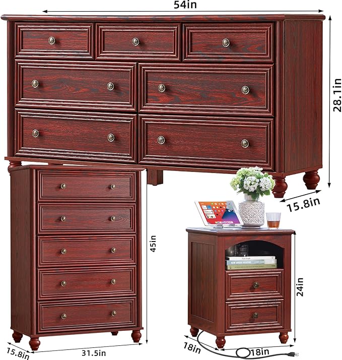 Farmhouse Dressers & Night Stand Set of 3, Wood 54" Wide Dresser & 45"Tall Chest of Drawers, 18" with Charging Station Nightstand, Bedroom Furniture 7 Drawer Dresser Set for Home Living Room Hallway