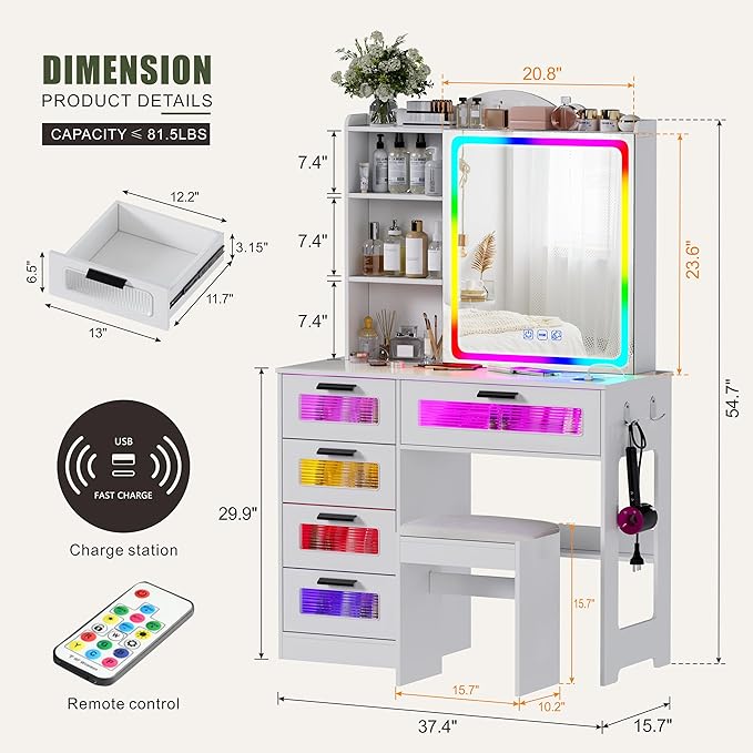 Vanity Desk with Sliding Vanity Mirror and RGB Lights,Makeup Vanity Desk with Charging Station,LED Vanity Table with Hidden Storage,Dressing Table Set with Stool&5 Drawers for Bedroom,White