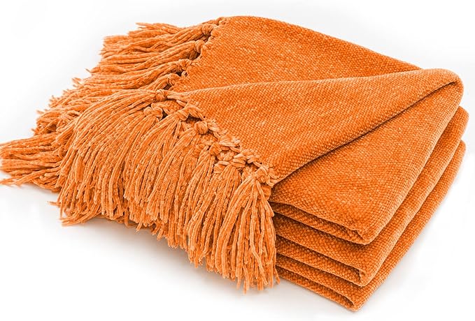RECYCO Throw Blanket Soft Cozy Chenille Throw Blanket with Fringe Tassel for Couch Sofa Chair Bed Living Room (Orange, 50'' x 60'')