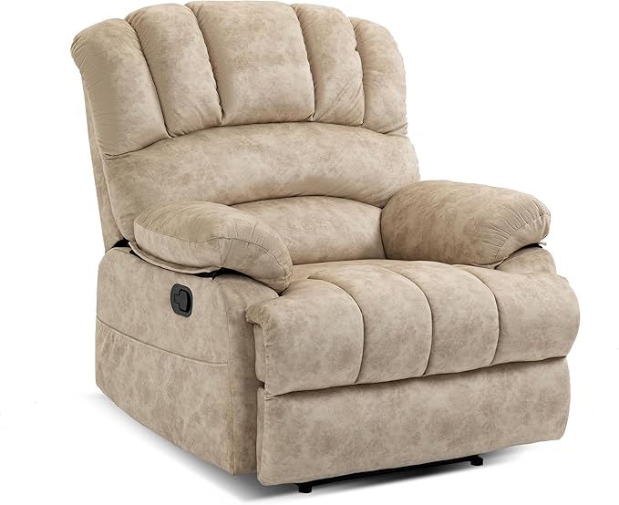 Luxlen Large Manual Recliner Chair,Soft Fabric Push Back Recliner with Overstuffed Armrest and Backrest, Living Room Single Sofa Recliners,Beige