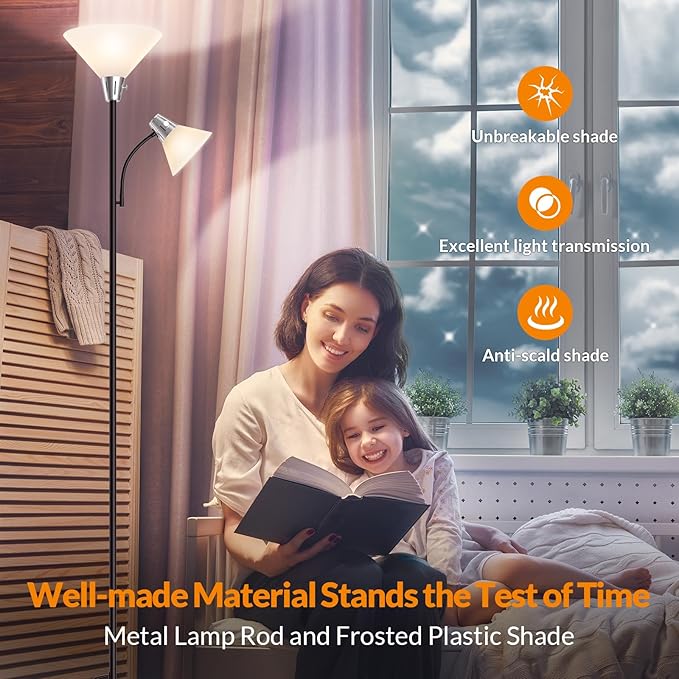 LEPOWER Floor Lamp, Standing Lamp Replaceable 3000K Energy-Saving, Lamp for Living Room with Adjustable Reading Light, Modern Bright Floor Lamp for Bedroom, Living Room, Office