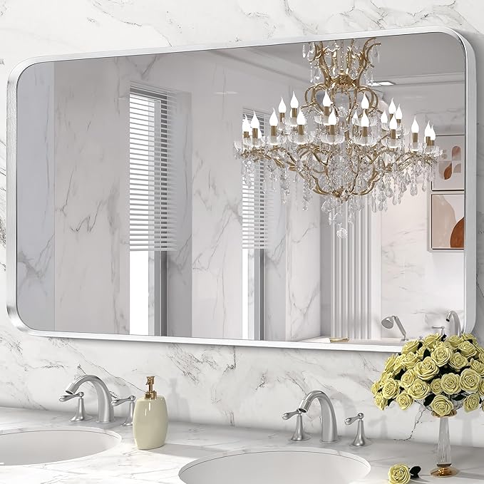 Brushed Nickel Bathroom Wall Mirror, Silver Metal Framed Large Rounded Corner Rectangle Mirror, Tempered Glass, Shatter Proof, Hangs Horizontally or Vertically (28" x 60", Silver)