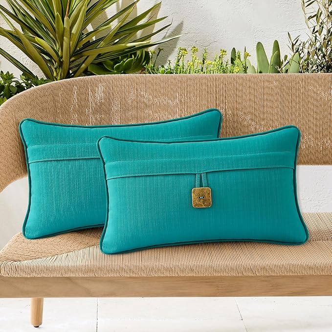 Outdoor Decorative Pillows with Coconut Button Pack of 4, 20" x 12" Outdoor Pillow Set for Couch Bed Throw Patio Sofa, Peacock Blue