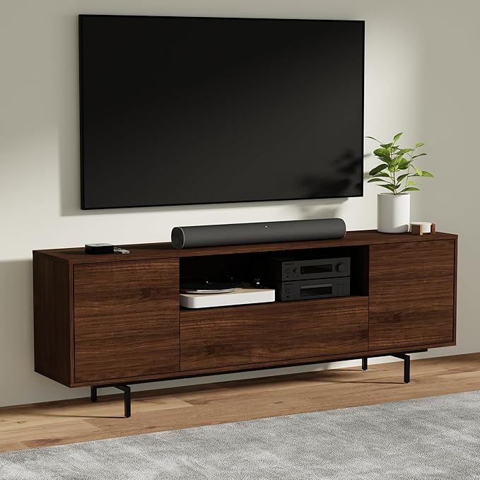 Norrhaus 75-Inch Modern TV Stand – Walnut Finish, 26-Inch Height, No Tools Assembly Technology, Storage Cabinets with Center Channel Speaker Shelf, Mid-Century Modern Design
