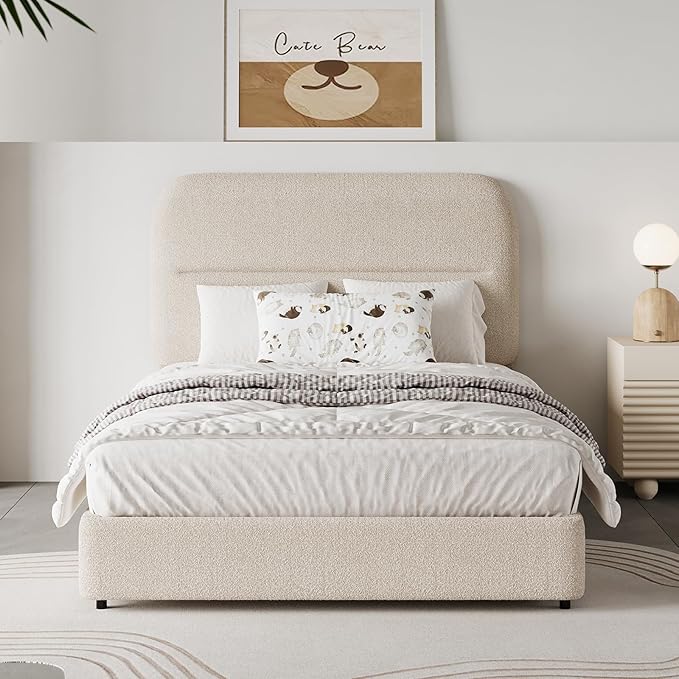 Twin Size Boucle Bed Frame, Upholstered Bed Frame with Headboard, Twin Bed Frames for Kids, Thickened Footboard/Rounded Corners/Adjustable Headboard/No Box Spring Needed/Easy Assembly, Beige