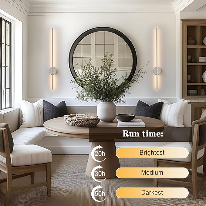 Battery Operated Modern Wall Sconces, Dimmable Wireless Wall Light Set of Two with Remote Control, 3 Color Temperatures, Rechargeable LED Wall Sconce for Bedroom, Living Room,Hallway, 27.6 Inch Nickel