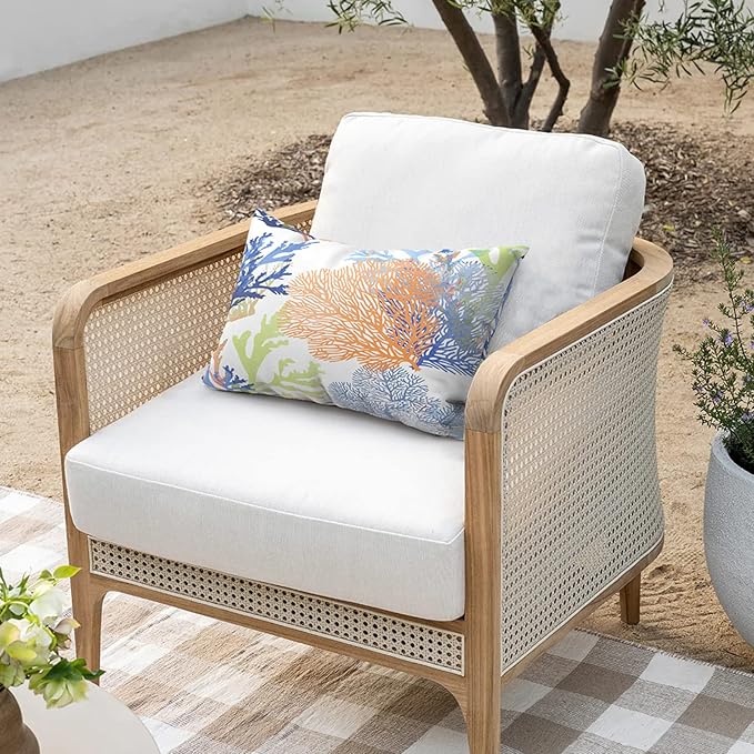 Outdoor/Indoor Lumbar Pillows, Water Repellent Cushion Pillows, 12x20 Inch, Outdoor Pillows with Inserts for Home Garden, Pack of 2, Coral Multi