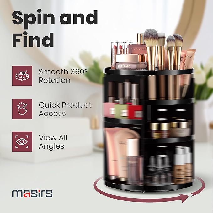 360 Rotating Makeup Organizer - Adjustable Shelf Height and Fully Rotatable. The Perfect Cosmetic Organizer for Bedroom Dresser or Vanity Countertop. (Black)
