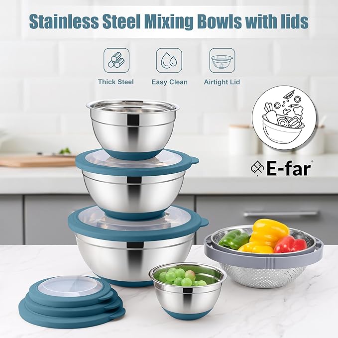 E-far Mixing Bowls with Lids Set, 15PCS Stainless Steel Mixing Nesting Bowls with Colander and 3 Metal Graters for Kitchen, Non-Slip Bottom & Airtight Transparent Lid, 4.6, 3, 1.5, 1, 0.7QT, Blue
