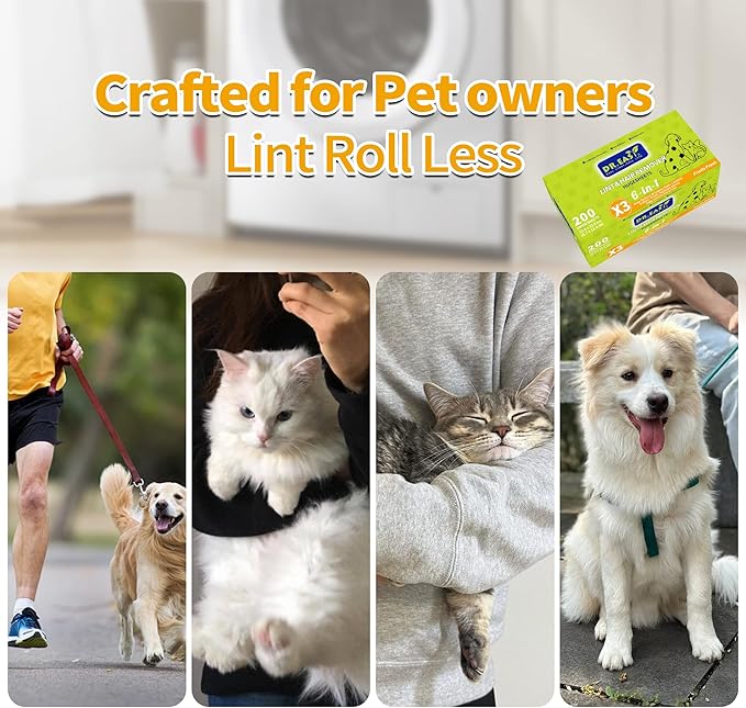 Dr.Easy LINT & HAIR REMOVER Pet HUGESHEETS with 3X ODOR REMOVE Dryer Sheets, Fruits Fresh, 200 Count,PLANT&MINERAL-BASED FORMULA