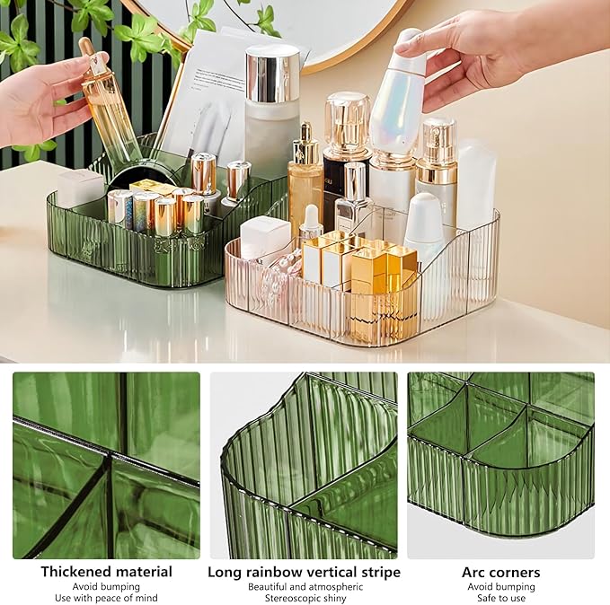 DASITON Large Capacity Makeup Brush Holder,8 Slot Makeup Brush Cup,Vintage striped Make Up Brush Holder,for Vanity Decor,Bathroom Countertops,Desk Storage Container,Cosmetic Display cases(Green-XL)