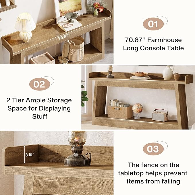 Tribesigns Extra Long Console Table, 70.9-Inch Entryway Table with Storage, Narrow Sofa Table Behind Couch, Wooden Accent Table for Hallway, Living Room, Entrance, Foyer, Rustic Brown