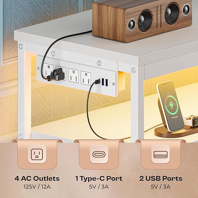 Huuger LED TV Stand for Bedroom, 55 Inch Fabric Dresser with Power Outlets, Entertainment Center for 60, 55, 50 Inch TV, 6 Drawer Dresser for Bedroom, Chest of Drawers with Shlef, PU Leather, White