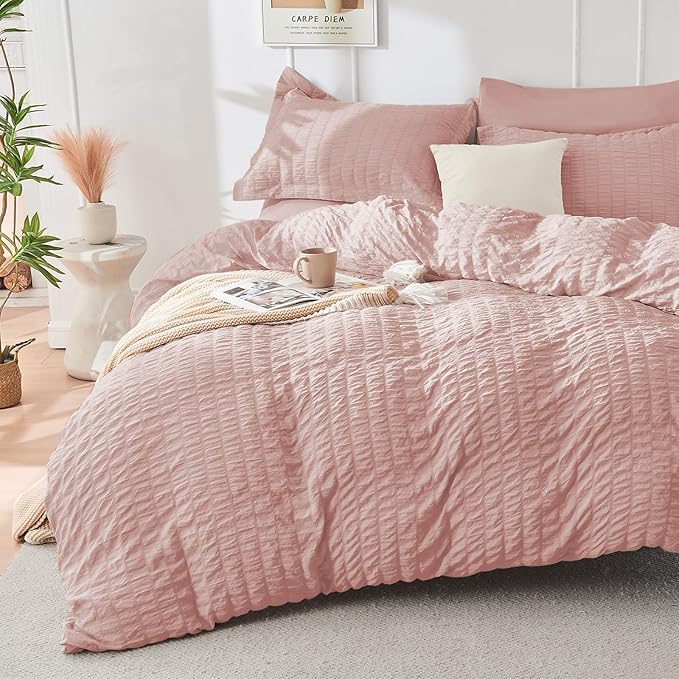 HYMOKEGE Rose Gold King Size Comforter Set Seersucker 7 Pieces, All Season Luxury Bed in a Bag for Bedroom, Bedding Set with Comforters, Sheets, Pillowcases & Shams