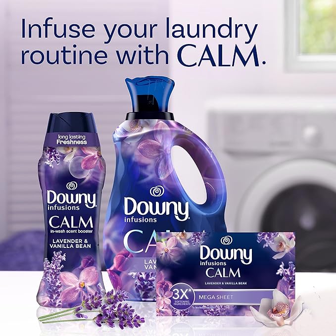 Downy Infusions Mega Dryer Sheets, Laundry Fabric Softener, CALM, Lavender and Vanilla Bean, 130 Count