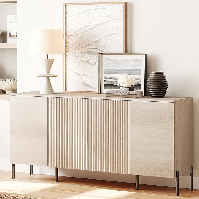 WAMPAT 61.6" TV Stand Cabinets for TVs up to 75 Inches, Entertainment Center with Storage Cabinets and 4 Doors, Mid Century Modern Media TV Console Table for Living Room Bedroom,Beige