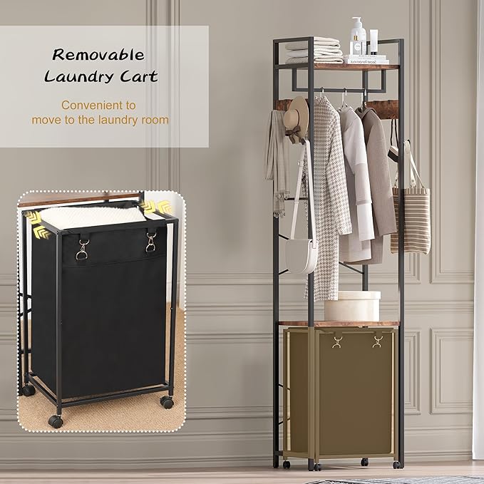 Coat Rack with Laundry Basket, Laundry Hamper Freestanding Hall Tree, Clothes Rack with Storage Shelves, 14.5 Gal Removable Bags on Wheels, Black and Brown JLH005SR