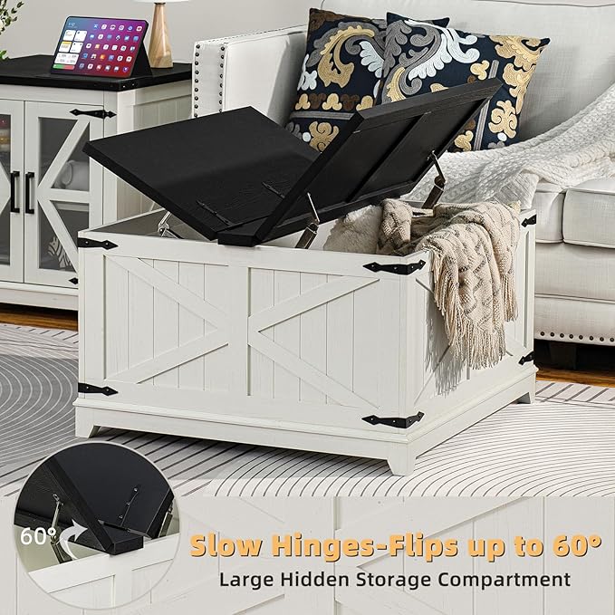 Farmhouse Coffee Table Sets 2 Pieces, Large End Side Tables with Charging Station and Coffee Table with Hidden Storage Compartment, Black Living Room Table Set, Wood Furniture Sets for Home Office