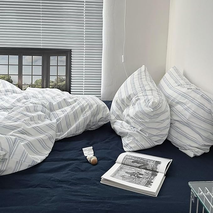 mixinni Vintage Light Blue & White Striped Comforter Set Full Size - Soft Washed Cotton 3-Piece Bedding Set (1 Comforter + 2 Pillowcases), Retro Geometric Pattern, All-Season Breathable & Fluffy