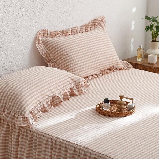 mixinni Vintage Pink Gingham Ruffle Comforter Set 3-Piece Washed Cotton Twin XL Size Grid Bedding Set with Geometric Checkered Pattern, Farmhouse Chic Soft Fluffy Comforter for All-Season