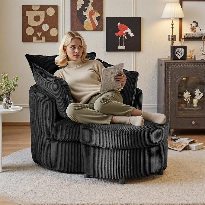 Swivel Accent Chair with Ottoman Comfy Reading Chairs for Bedroom Modern Corduroy Arm Chair 360°Swivel Barrel Chairs for Living Room,Apartment (Black, 1)