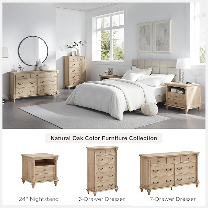 T4TREAM Farmhouse 6 Drawers Dresser Chests for Bedroom w/4 Solid Wood Feet &Column Decor, Tall Wood Rustic Chest of Drawers, Storage Dressers Organizer for Bedroom, Living Room, Nursery, Natural Oak