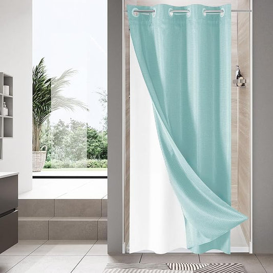 MitoVilla Teal Waffle Small Stall Shower Curtain 36 x 74, No Hooks Required Half Size Narrow Fabric Cloth Shower Curtain Set with Snap-in Liner for Modern Bathroom Decor, Teal/Turquoise/Aqua