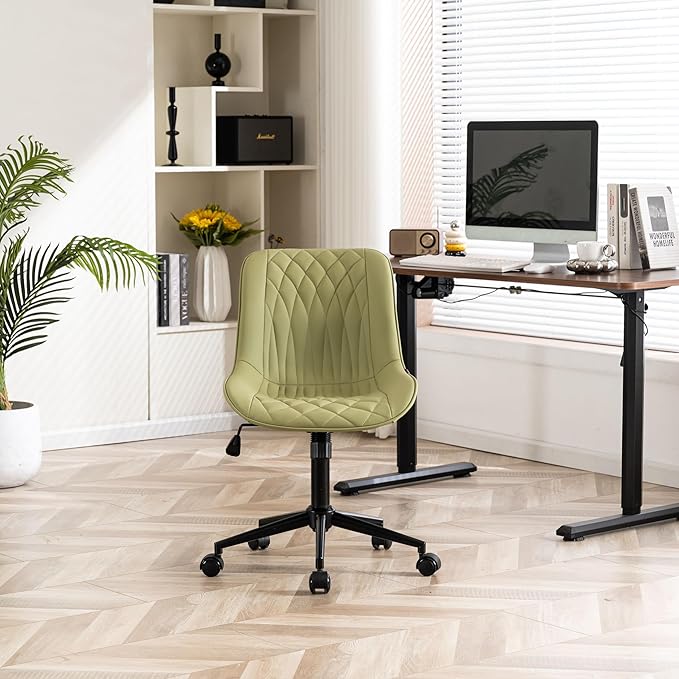 YOUNIKE Home Office Desk Chair with Wheels Comfy Small Modern Vanity Chair with Back Ergonomic Swivel Adjustable Armless Cute Leather Upholstered Rolling Task Chair no Arms Avocado Green