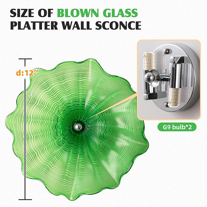 Hand Blown Glass Plate Wall Decor, Modern Unique Glass Wall Art, Lotus Leaf Wall Plate Shape Wall Sconce with Transparent and Easy to Clean for Staircase, Living Room, Kitchen, Hallway (Green-1)