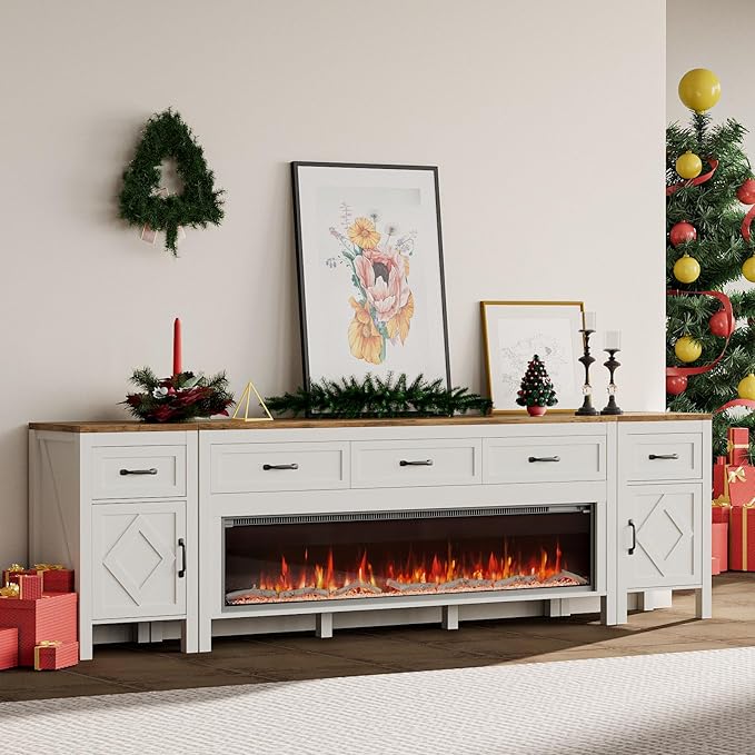 Modern TV Stand with Fireplace for TVs Up to 100 Inch,Entertainment Center with 60" Electric Fireplace,98" TV Console with Storage Cabinet Drawers for Living Room(Off White)