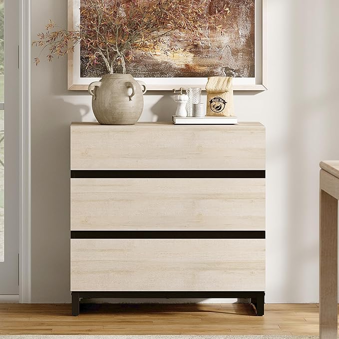 WAMPAT Dresser for Bedroom, Closet Organizers and Storage with 3 Drawers, Chest of Drawers with Metal Base, Modern Wood Dresser for Living Room, Hallway, Entryway, Light Oak