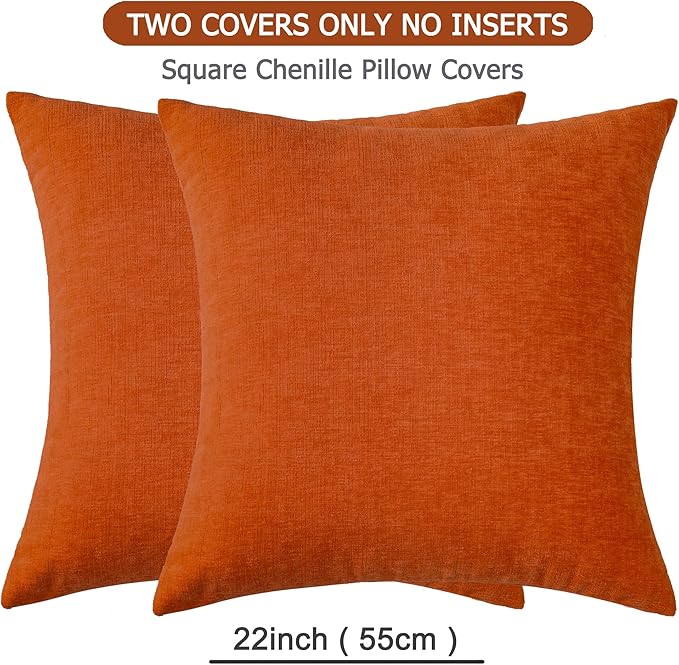 GAWAMAY Decorative Square Throw Pillow Covers 22"x22" Inch Set of 2, Super Soft Chenille Pillows Farmhouse Fall Pillowcase for Living Room Bedroom Sofa Couch Cushion Cover Burnt Orange 55x55cm