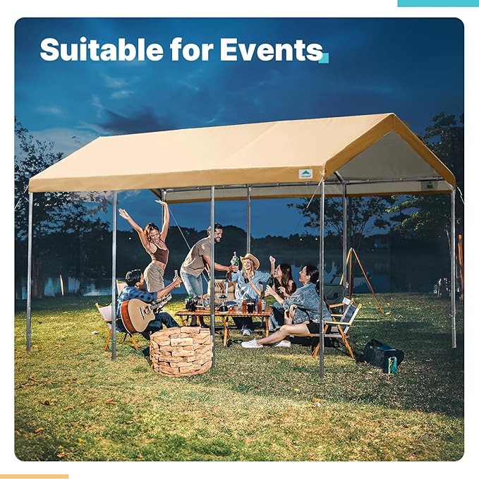 ADVANCE OUTDOOR 10x20 ft Heavy Duty Carport Potable Car Canopy Garage Party Tent Boat Shelter, Adjustable Height from 9.5 ft to 11 ft, Beige