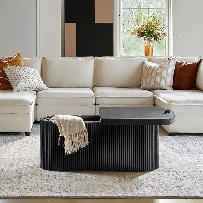 HULALA HOME Modern Lift Top Coffee Table with Storage, Space Saving Living Room Table, Multi-Functional Wood Coffee Table(Black)