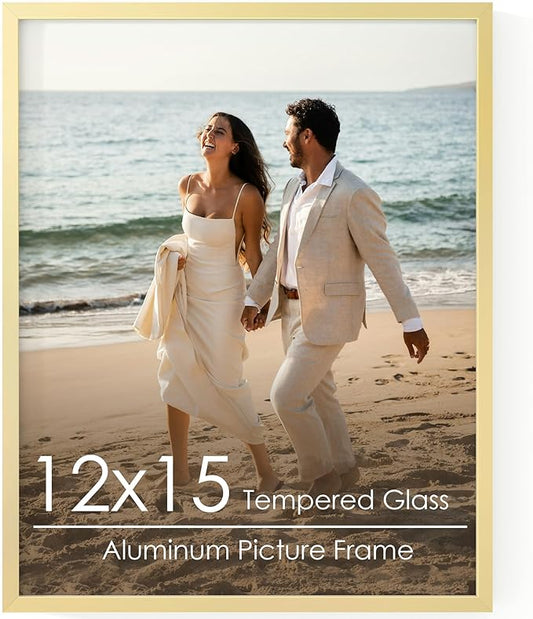 12x15 Metal Picture Frame - Gold Aluminum Picture Frames with Real Glass, Wall Mounting Horizontally or Vertically, Diploma, Certificates for Wall Gallery Poster Photo 15x12 Frame, Gold