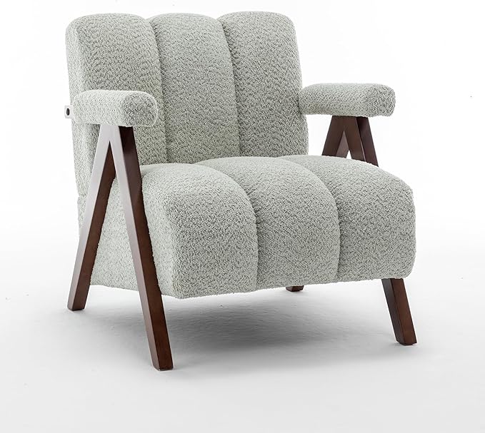Mid Century Modern Accent Chair with Solid Wood Frame, Boucle Upholstered Living Room Chairs with Thick Cushion, Comfy Tufted Arm Chair for Bedroom, Sage
