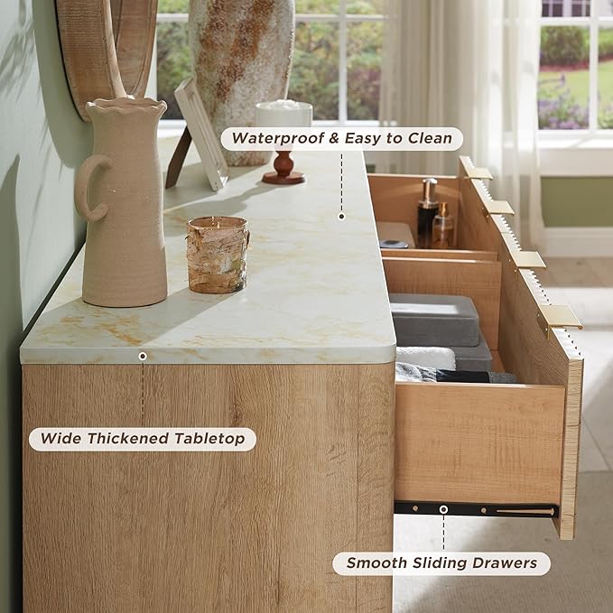 T4TREAM Fluted 6 Drawers Dresser, 54" Wide Modern Chest of Drawers with Faux Marble Top, Curved Profile Design, Dresser TV Stand, Wood Drawer Organizer for Bedroom, Living Room, Hallway, Natural Oak