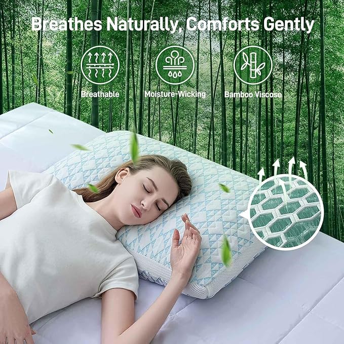 Shredded Memory Foam Cooling Soft Bamboo Viscose Pillow King Size, Adjustable Hypoallergenic Hotel Quality Bed Pillow for Side, Stomach and Back Sleeper, Oeko-TEX Certified