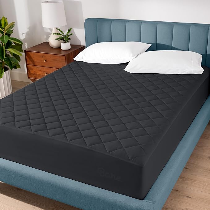 Bare Home Split Head Flex King Quilted Fitted Mattress Pad - Cooling Mattress Cover - Easily Washable - Elastic Fitted Cover for Mattress - Stretch-to-Fit up to 15" Deep (Split Head Flex King, Black)