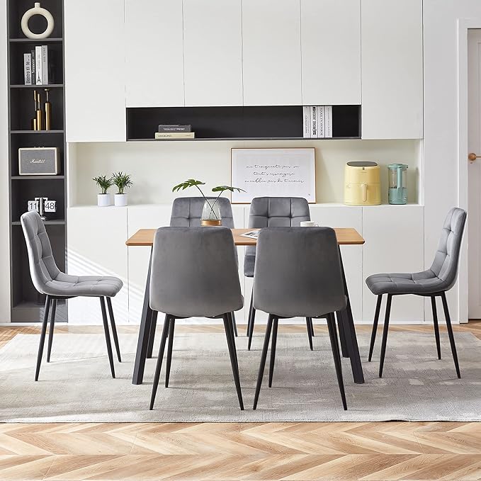 Grey Velvet Chair Set of 6,Mid-Century Modern Dining Chair Upholstered Living Chair Tufted Reception Chair with Solid Black Metal Legs for Bedroom,Dining Room,Kitchen