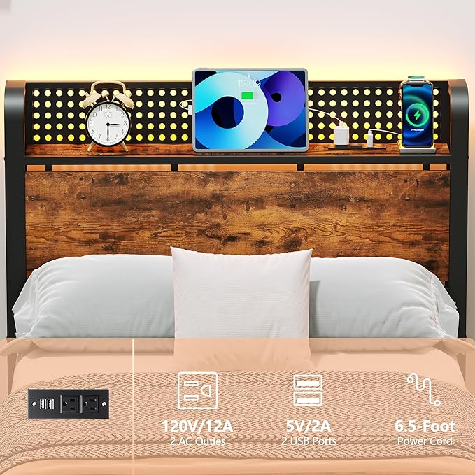 Furnulem Bed Frame Twin Size with LED Lights & Charging Station,Bedframe with Wood Storage Headboard,Metal Platform Bed with Under Storage,USB Port,Strong Metal Slats,No Box Spring Needed