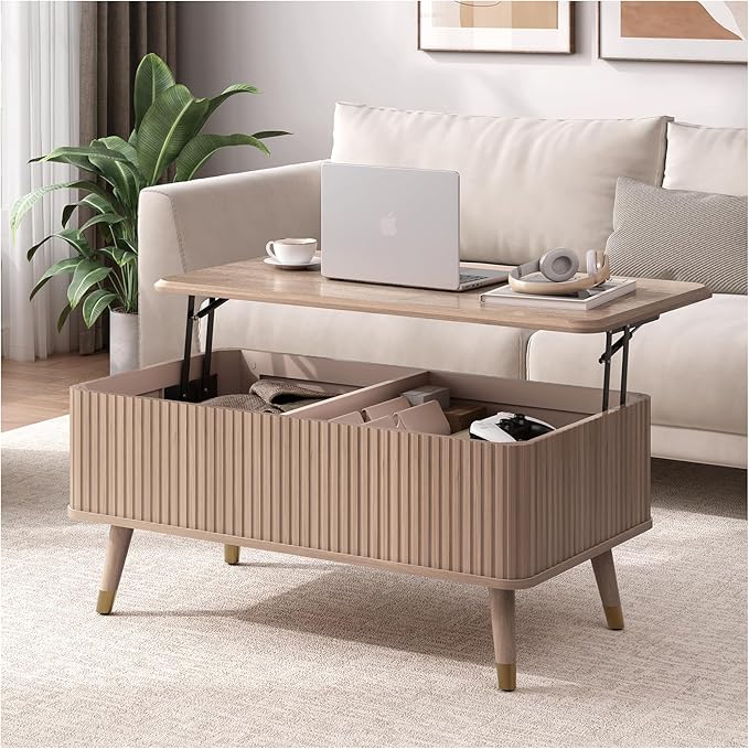 Lift Top Coffee Table with Storage,Mid Century Modern Coffee Table,Fluted Wood Rectangle Center Table for Living Room,Home Office,Natural Oak