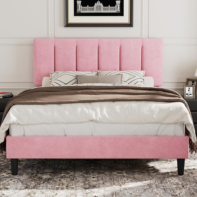 VECELO Queen Bed Frame with Upholstered Headboard, Heavy-Duty Platform Bedframe with Strong Wooden Slats Support, No Boxing Spring Needed, Pink