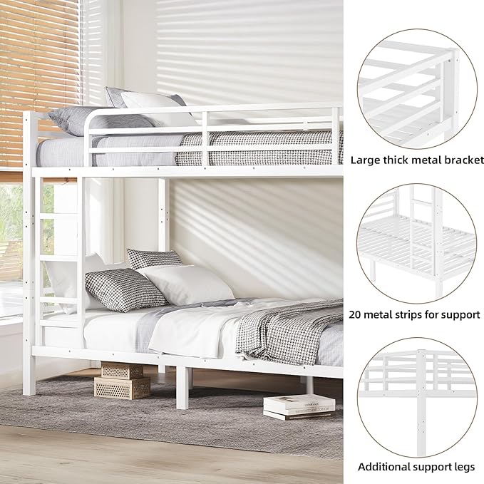 Full XL Over Full XL Bunk Bed Frame, Heavy Duty Metal Loft Bed for Adults/Teens, 350/500LB Capacity w/Ladder & Guardrail, Noise-Free Steel Slats, No Box Spring Required, White