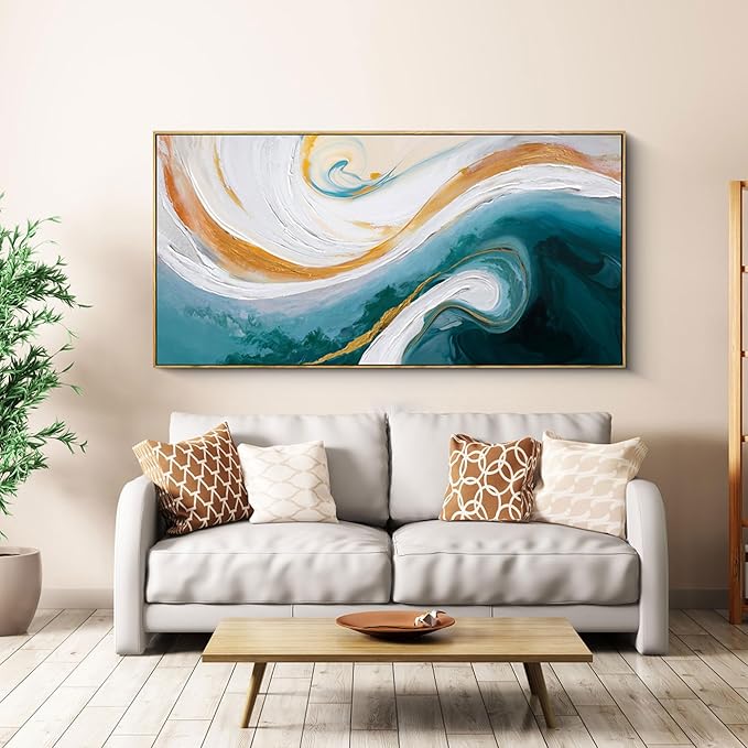 XLSJERST Abstract Canvas Wall Art for Living Room - Large Frame Blue and White Wall Decor Picture Modern Orange Painting Artwork for Bedroom Home Office Decoration Size 48x24 Inches